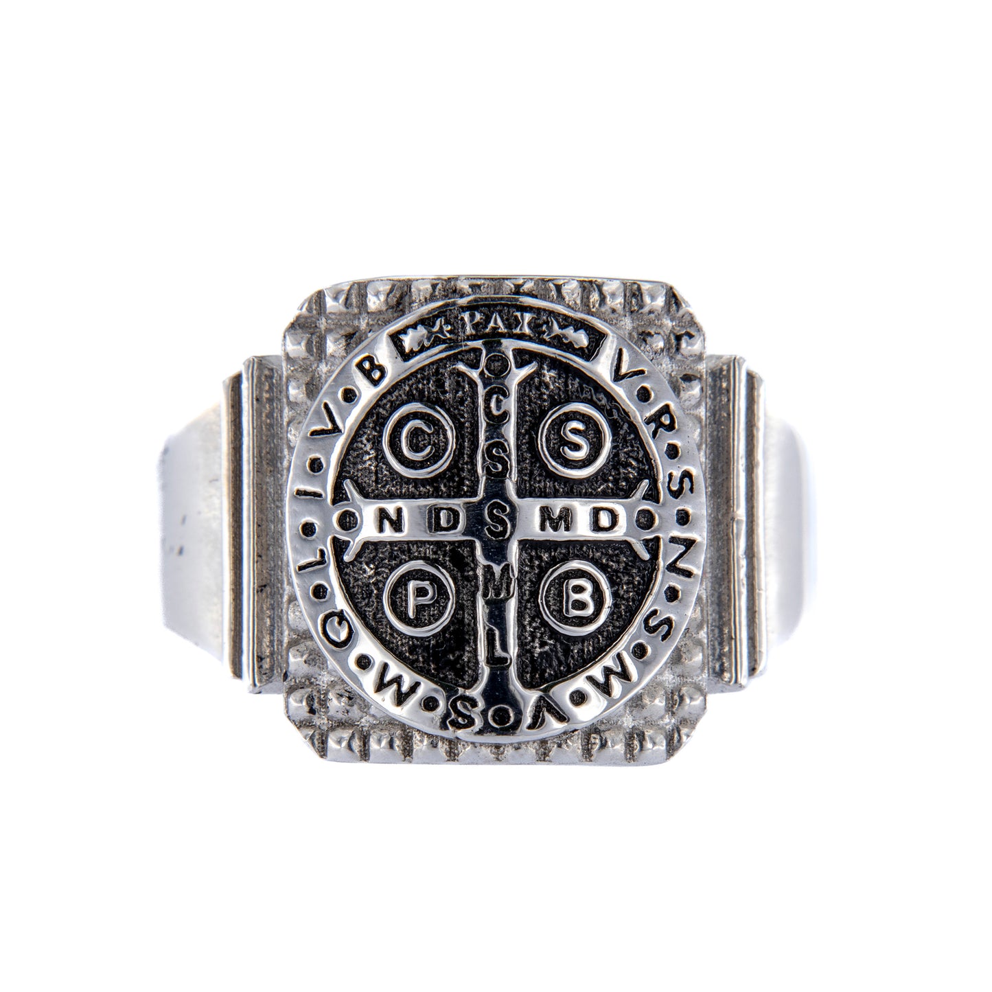Anello Crucis Benedictus, San Benedetto in argento 925 brunito