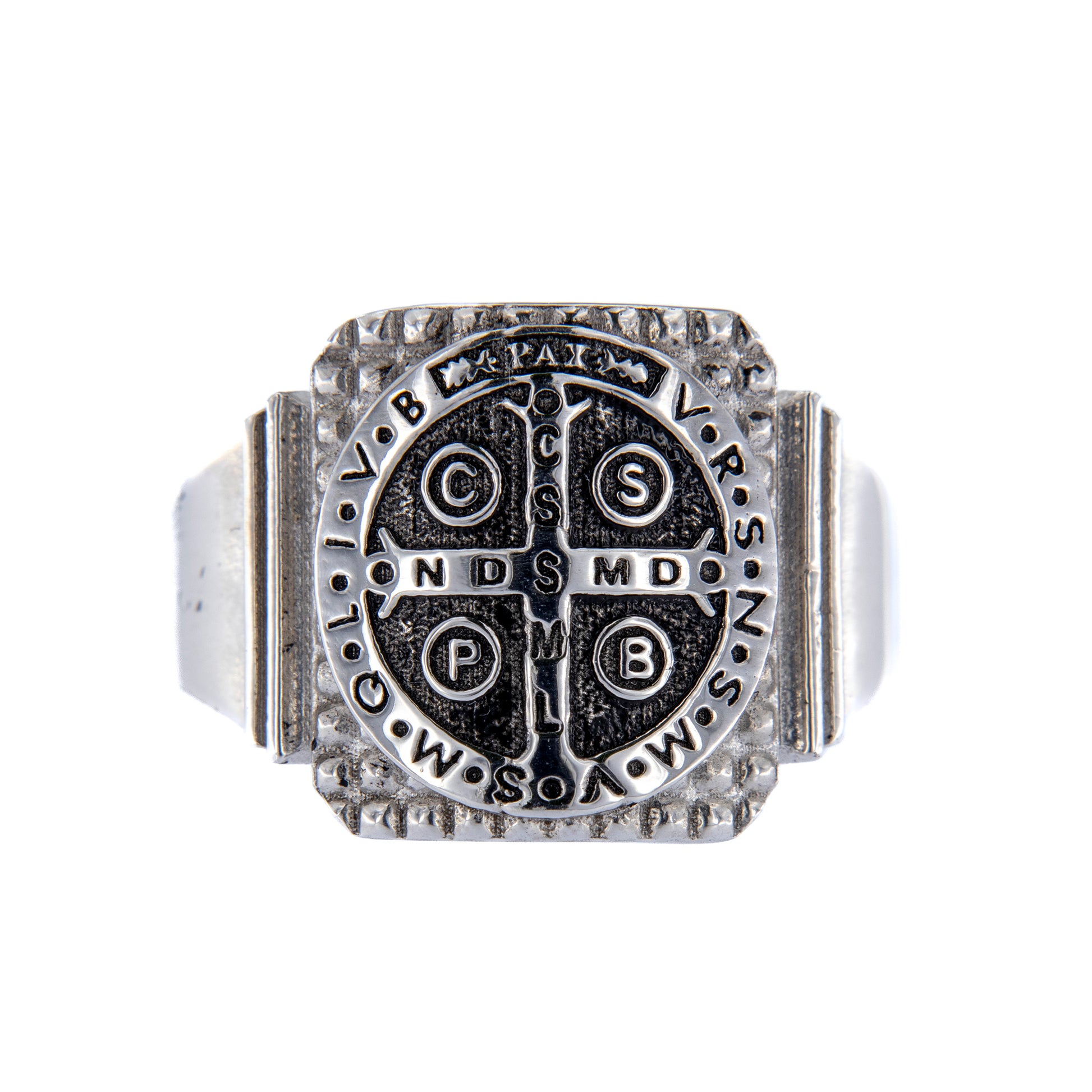 Anello Crucis Benedictus, San Benedetto in argento 925 brunito