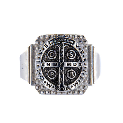 Anello Crucis Benedictus, San Benedetto in argento 925 brunito