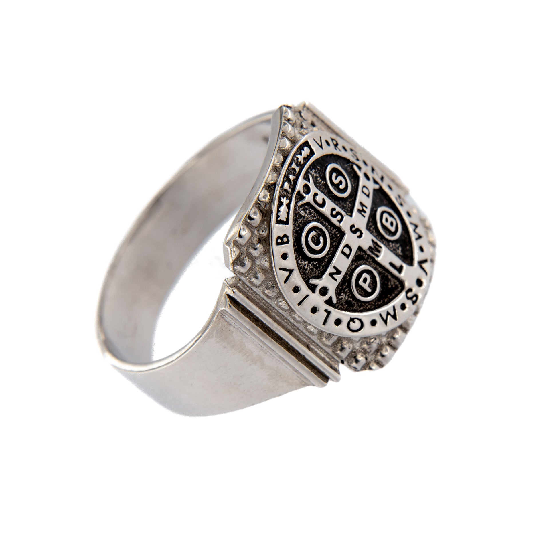 Anello Crucis Benedictus, San Benedetto in argento 925 brunito