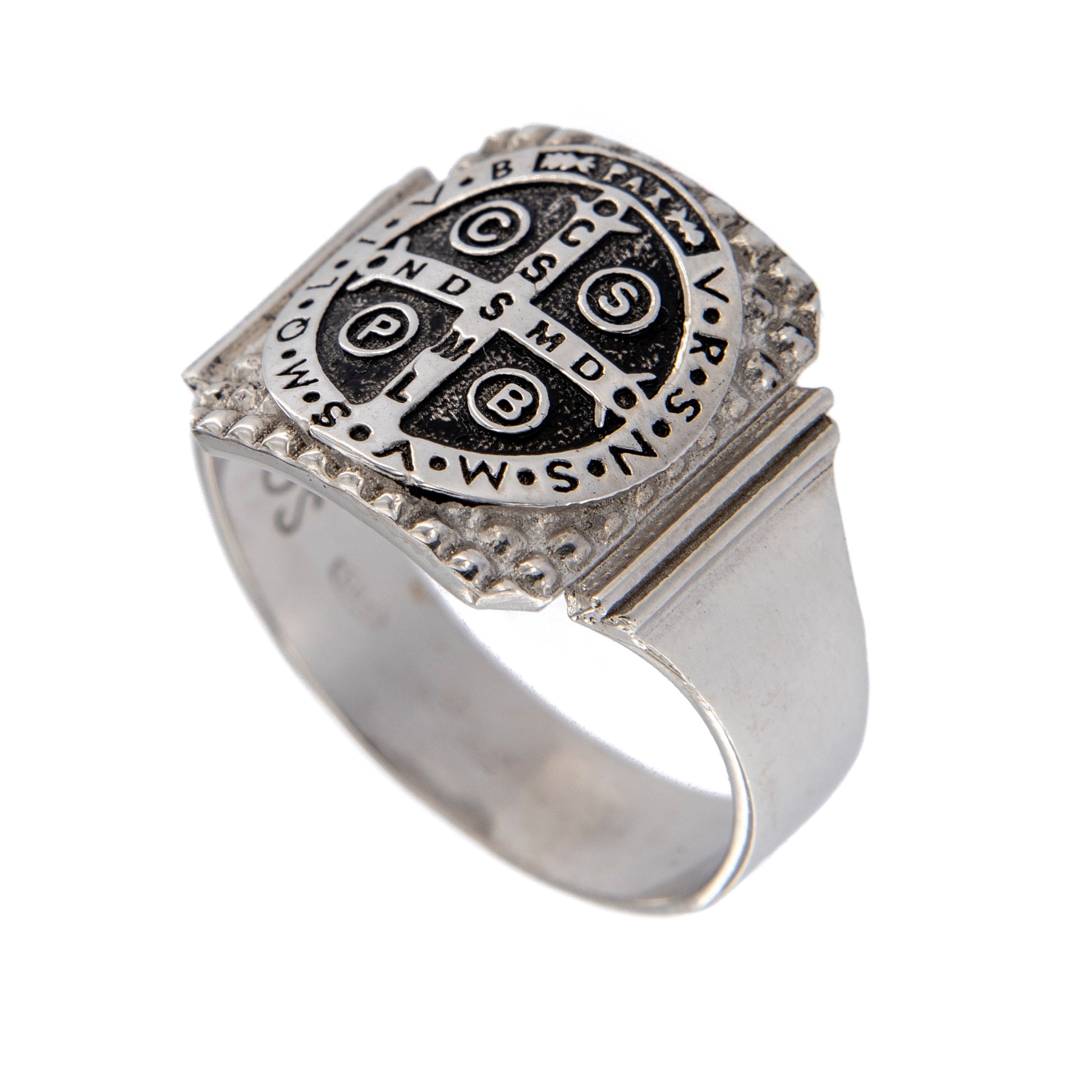 Anello Crucis Benedictus, San Benedetto in argento 925 brunito