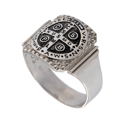 Anello Crucis Benedictus, San Benedetto in argento 925 brunito