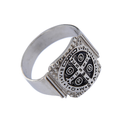 Anello Crucis Benedictus, San Benedetto in argento 925 brunito