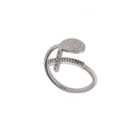 Anello regolabile in argento 925, con medaglia di San Benedetto e croce con zirconi

