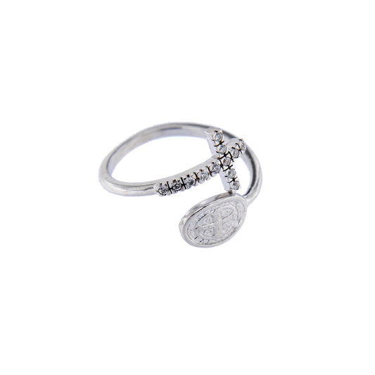 Anello regolabile in argento 925, con medaglia di San Benedetto e croce con zirconi

