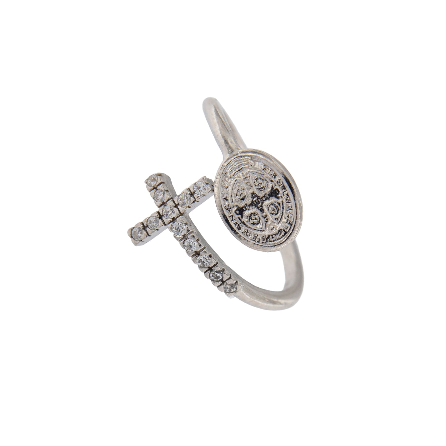 Anello regolabile in argento 925, con medaglia di San Benedetto e croce con zirconi

