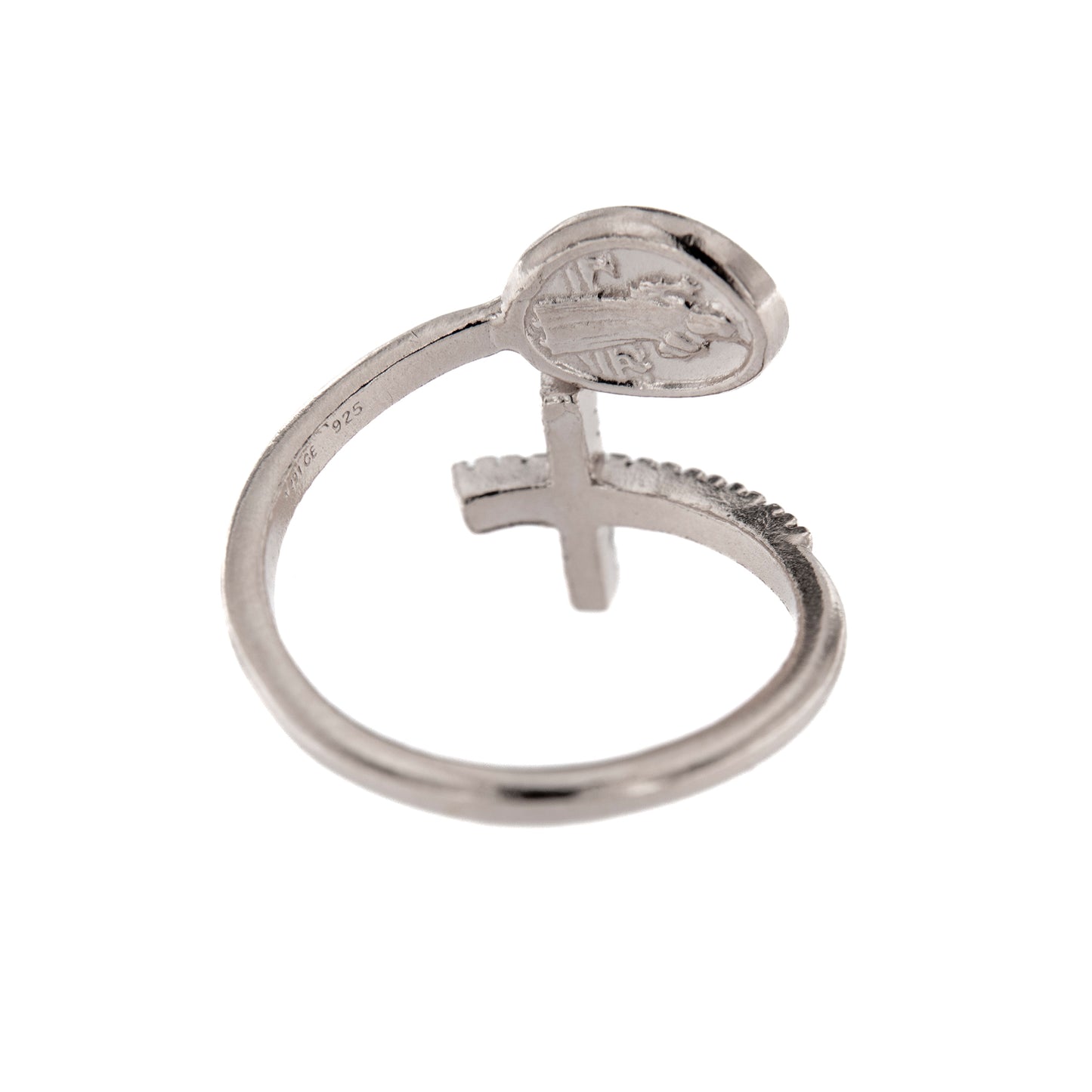 Anello regolabile in argento 925, con medaglia di San Benedetto e croce con zirconi

