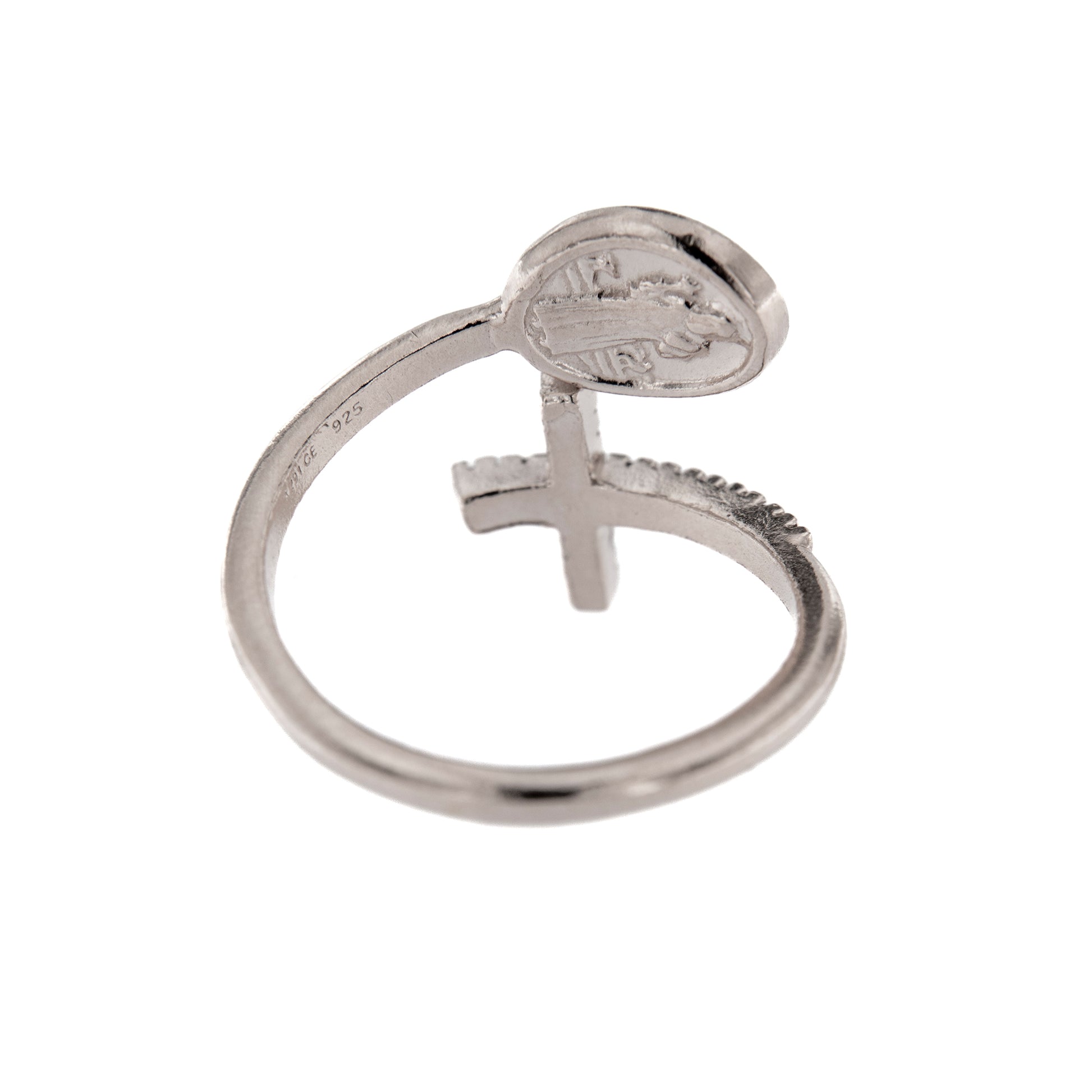 Anello regolabile in argento 925, con medaglia di San Benedetto e croce con zirconi

