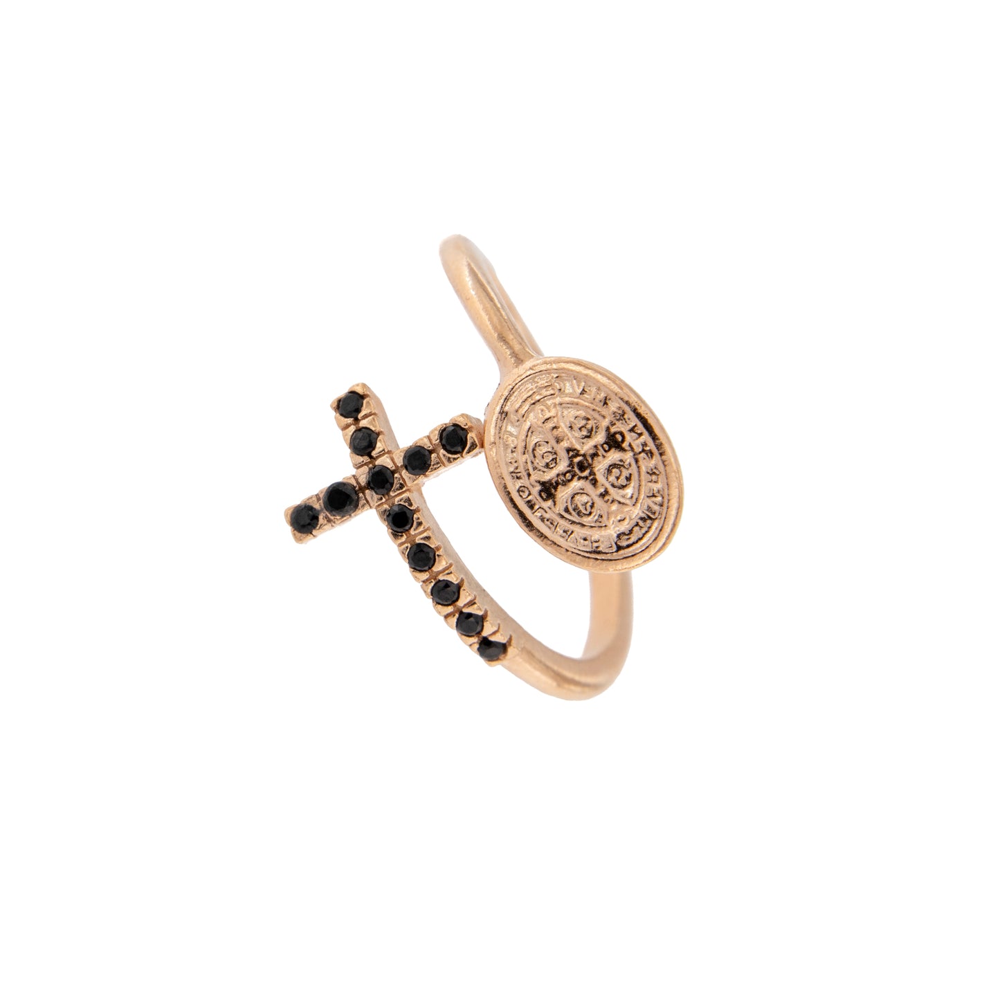 Anello regolabile in argento 925, con medaglia di San Benedetto e croce con zirconi

