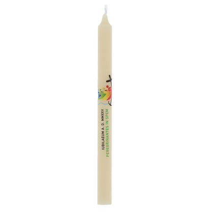 Candela in cera d'api con logo del Giubileo, confezionata in astuccio rigido. Dimensioni 2x27 cm