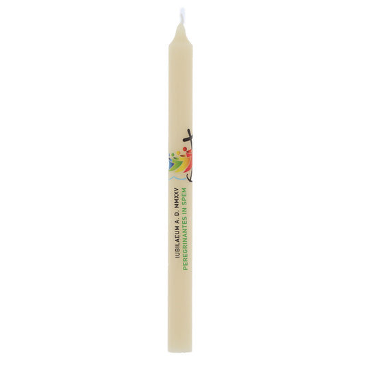 Candela in cera d'api con logo del Giubileo, confezionata in astuccio rigido. Dimensioni 2x27 cm