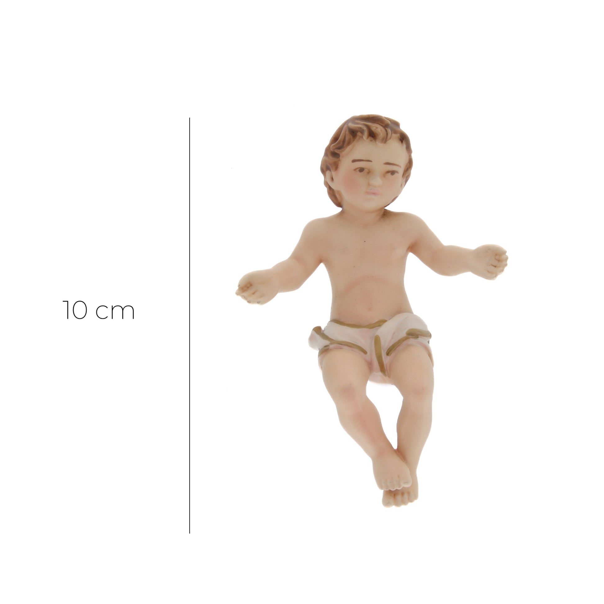 Statua Gesù Bambino in resina decorata, fluorescente al buio. Altezza 10 cm