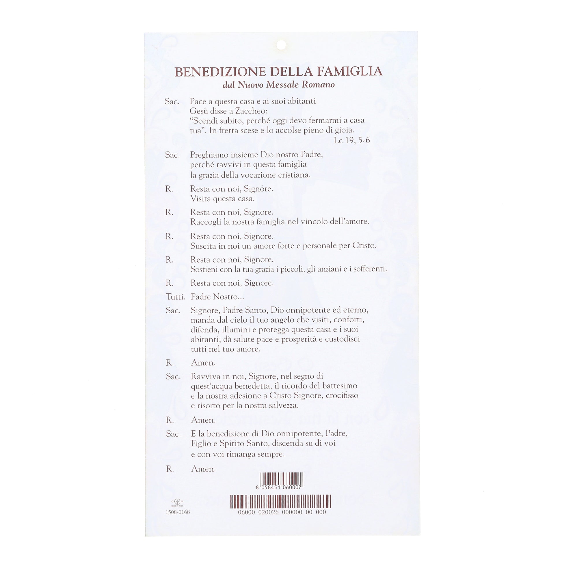 Cartoncino Benedizioni delle Famiglie con croce Settimana Santa abbinata. Dimensioni 12x22 cm