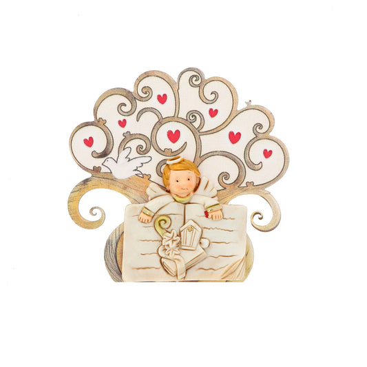 Angelo in resina Santa Cresima con Albero della Vita in legno. Dimensioni 8x8 cm