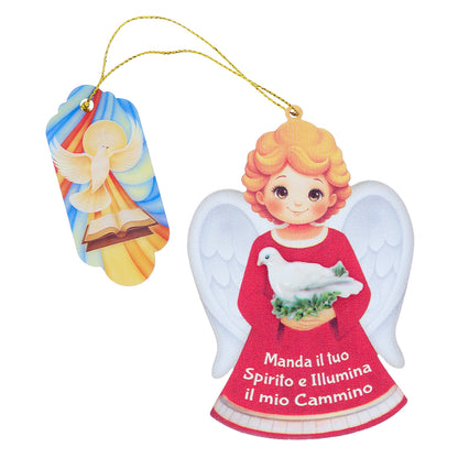 Ricordo Cresima – Angelo custode con colomba dello Spirito Santo da appendere. Dimensioni 10,5x7 cm