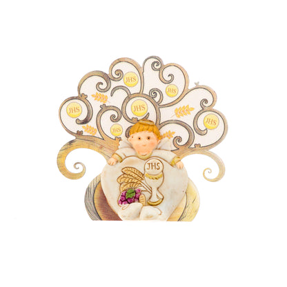 Angelo in resina Prima Comunione con Albero della Vita in legno. Dimensioni 8x8 cm