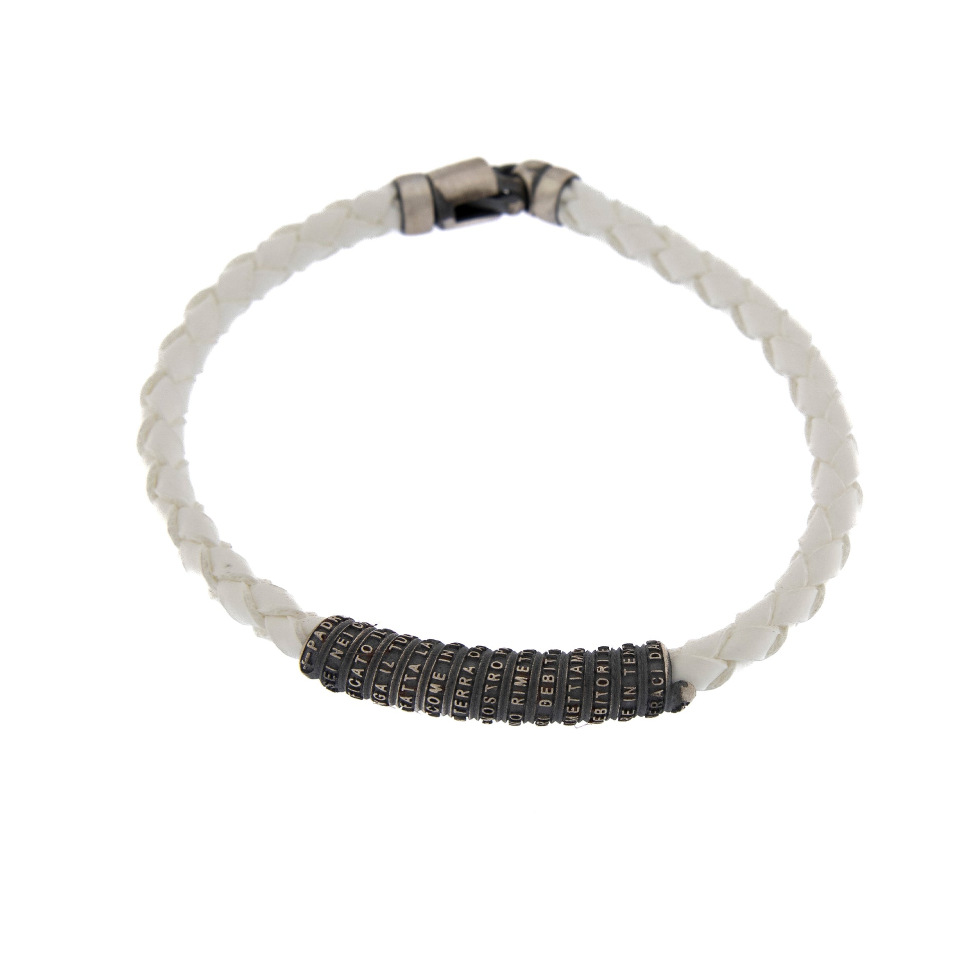 Bracciale in pelle e inserto in argento 925 con preghiera Padre Nostro
