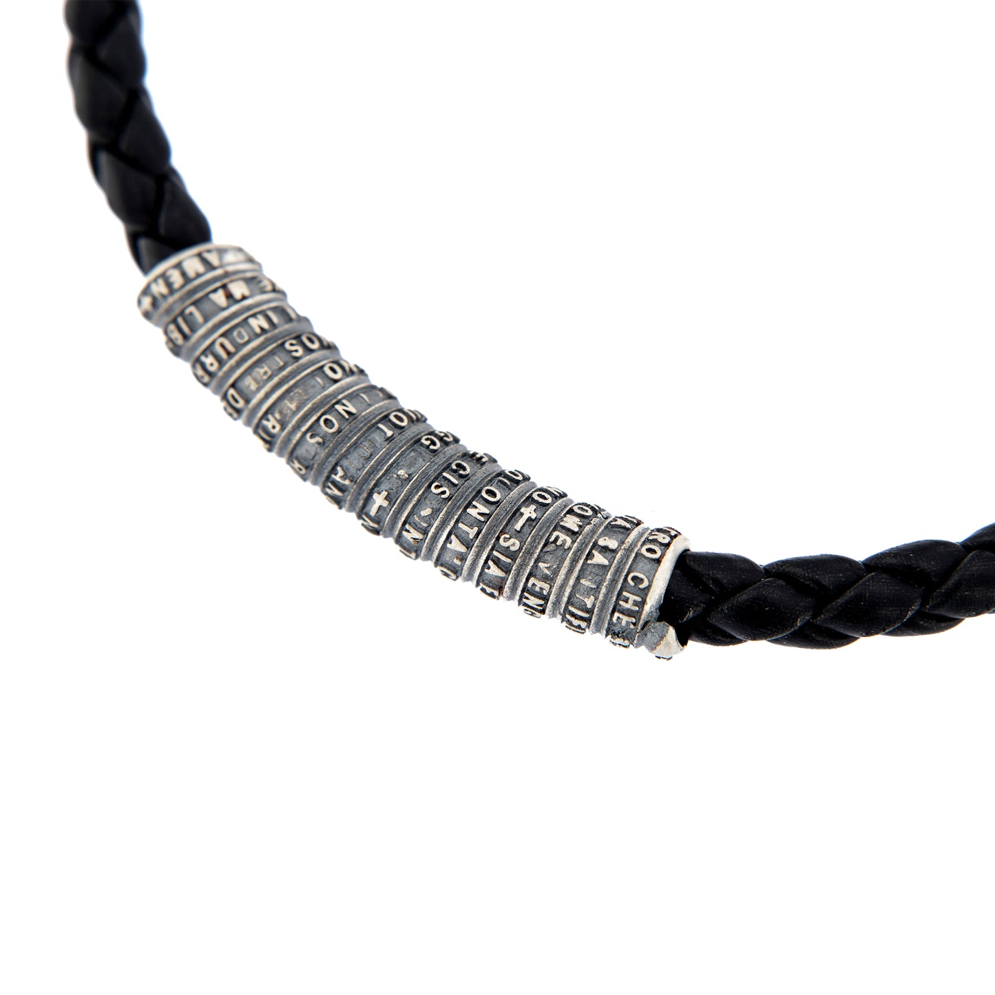 Bracciale in pelle e inserto in argento 925 con preghiera Padre Nostro
