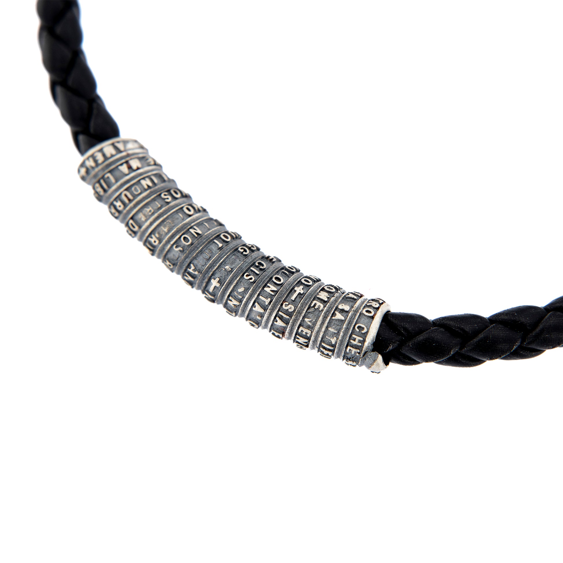 Bracciale in pelle e inserto in argento 925 con preghiera Padre Nostro
