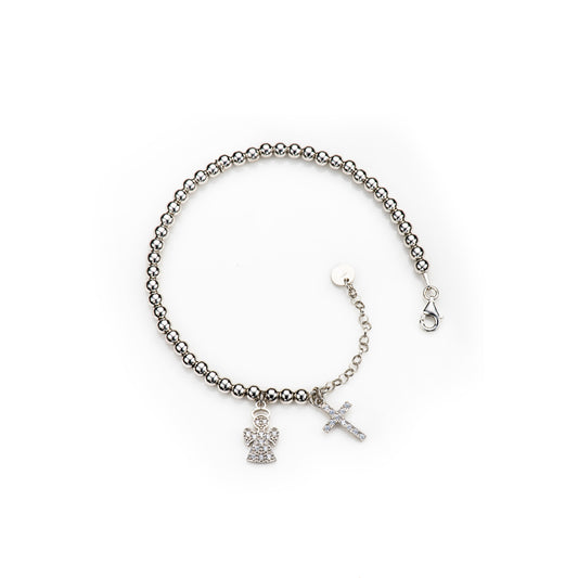 Bracciale sfere ciondoli Angelo e croce con zirconi in argento 925 rodiato. Lunghezza 17+3 cm.