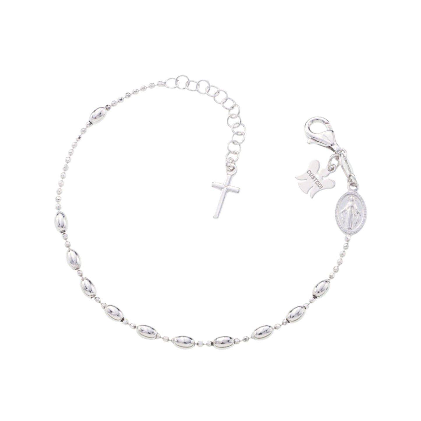 Bracciale decina maglia pallinata e grani ovali  in argento 925 rodiato. Llunghezza 17+ 3 cm