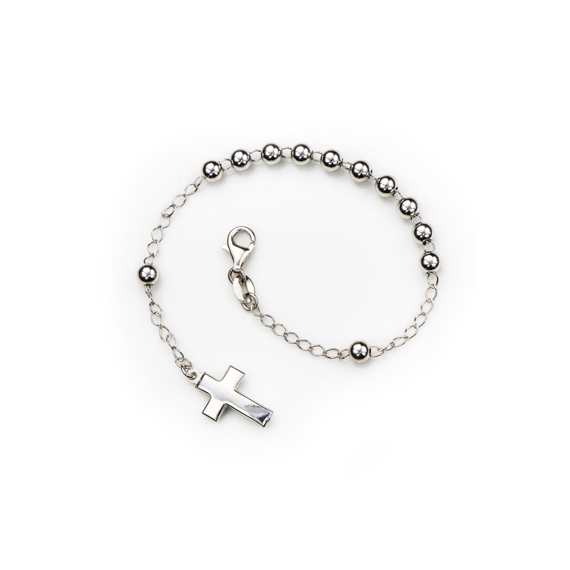 Bracciale Decina del Rosario sfere 5 mm. e croce in argento 925 rodiato. Lunghezza 17+2 cm.
