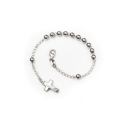 Bracciale Decina del Rosario sfere 5 mm. e croce in argento 925 rodiato. Lunghezza 17+2 cm.
