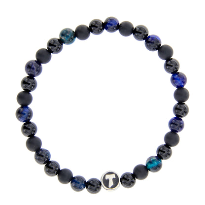 Bracciale Uomo Pietre Dure Nere e Blu con Tau - 6 mm
