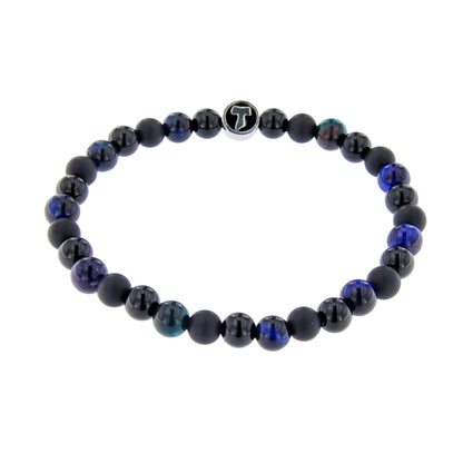 Bracciale Uomo Pietre Dure Nere e Blu con Tau - 6 mm