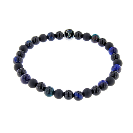Bracciale Uomo Pietre Dure Nere e Blu con Tau - 6 mm