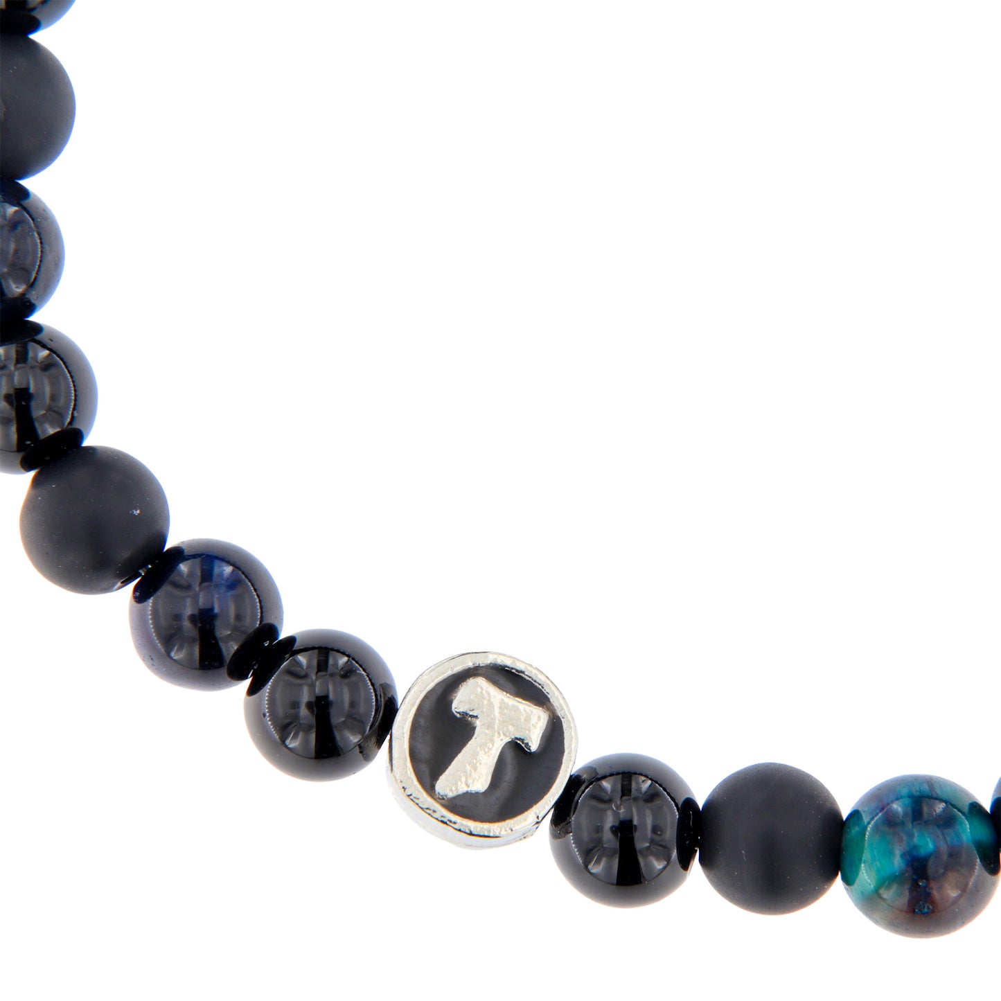 Bracciale Uomo Pietre Dure Nere e Blu con Tau - 6 mm