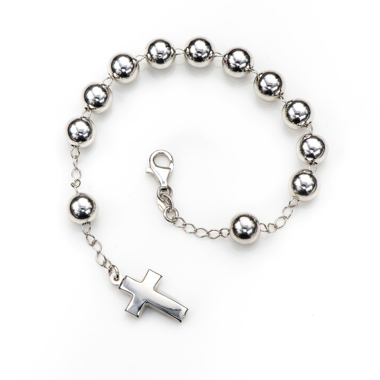 Bracciale Decina del Rosario sfere 8 mm. e croce in argento 925 rodiato. Lunghezza 18+1 cm.