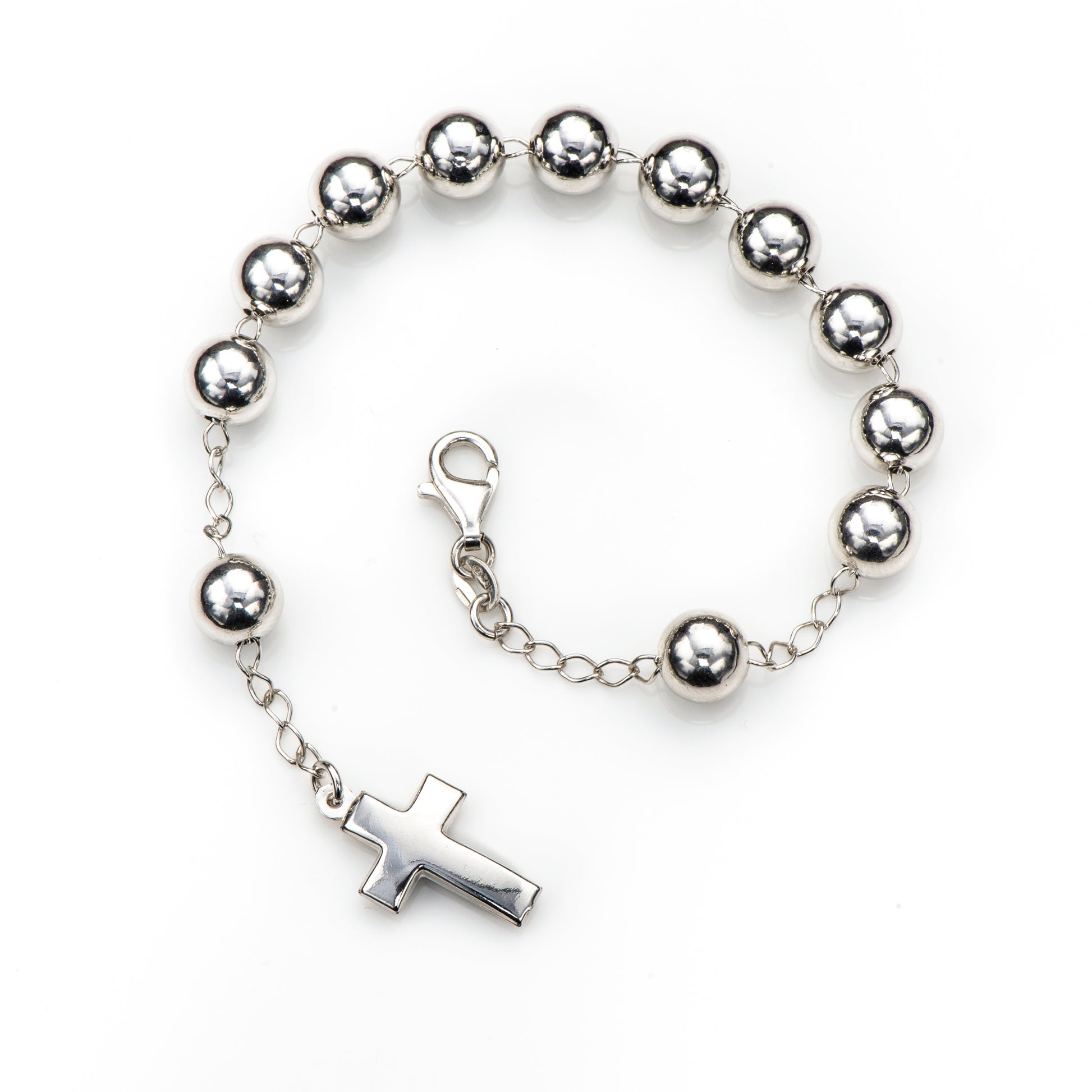 Bracciale Decina del Rosario sfere 8 mm. e croce in argento 925 rodiato. Lunghezza 18+1 cm.