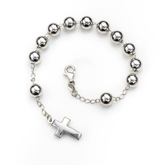 Bracciale Decina del Rosario sfere 8 mm. e croce in argento 925 rodiato. Lunghezza 18+1 cm.