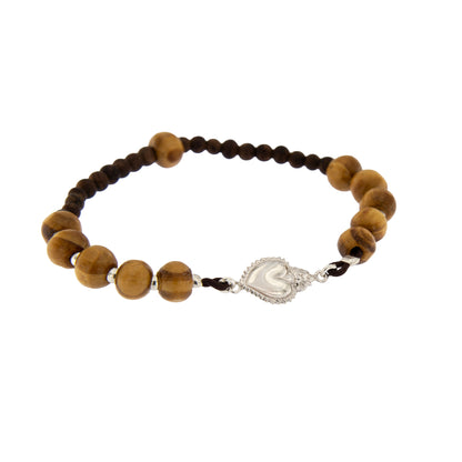 Bracciale elastico con grani in legno e Cuore Votivo in argento 925