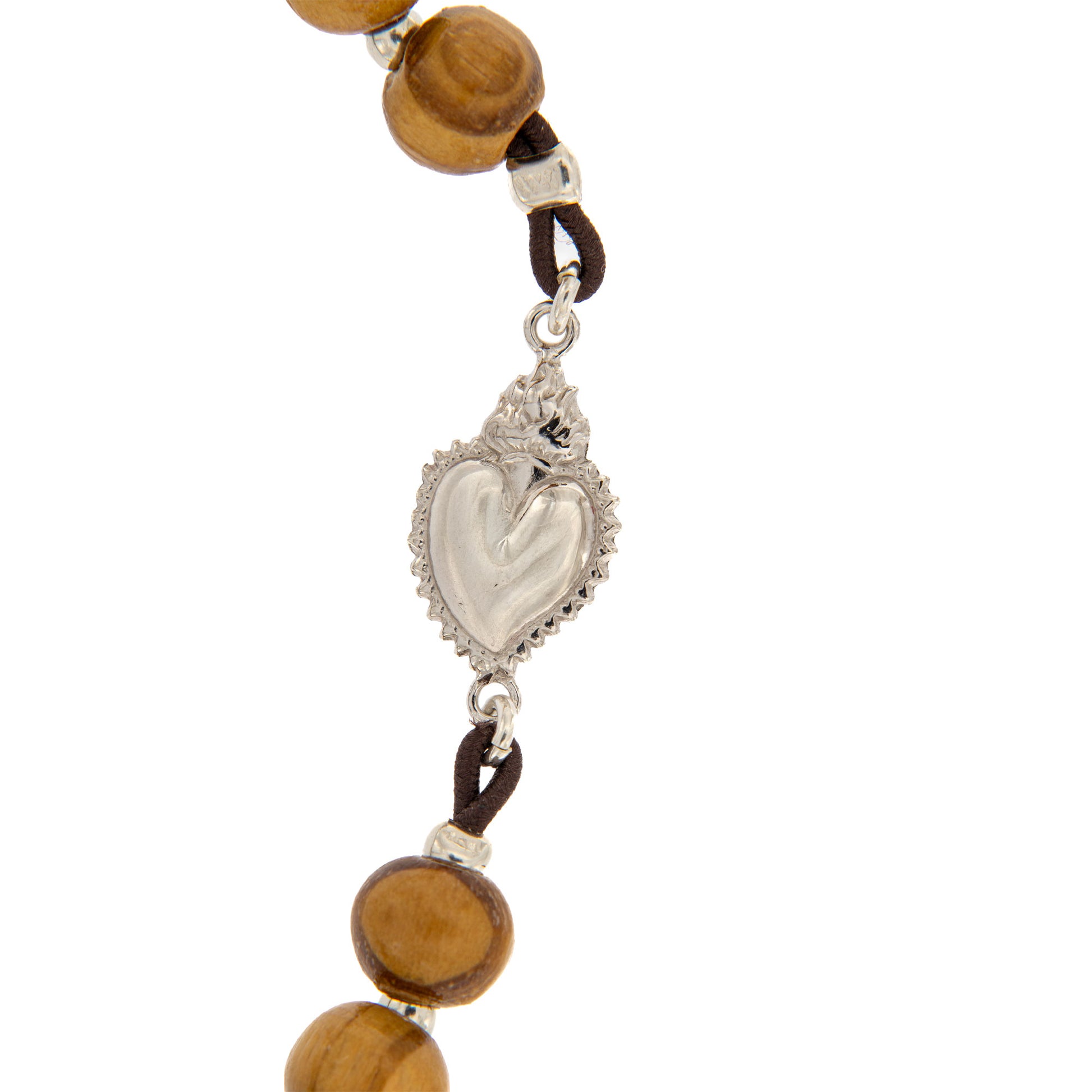 Bracciale elastico con grani in legno e Cuore Votivo in argento 925