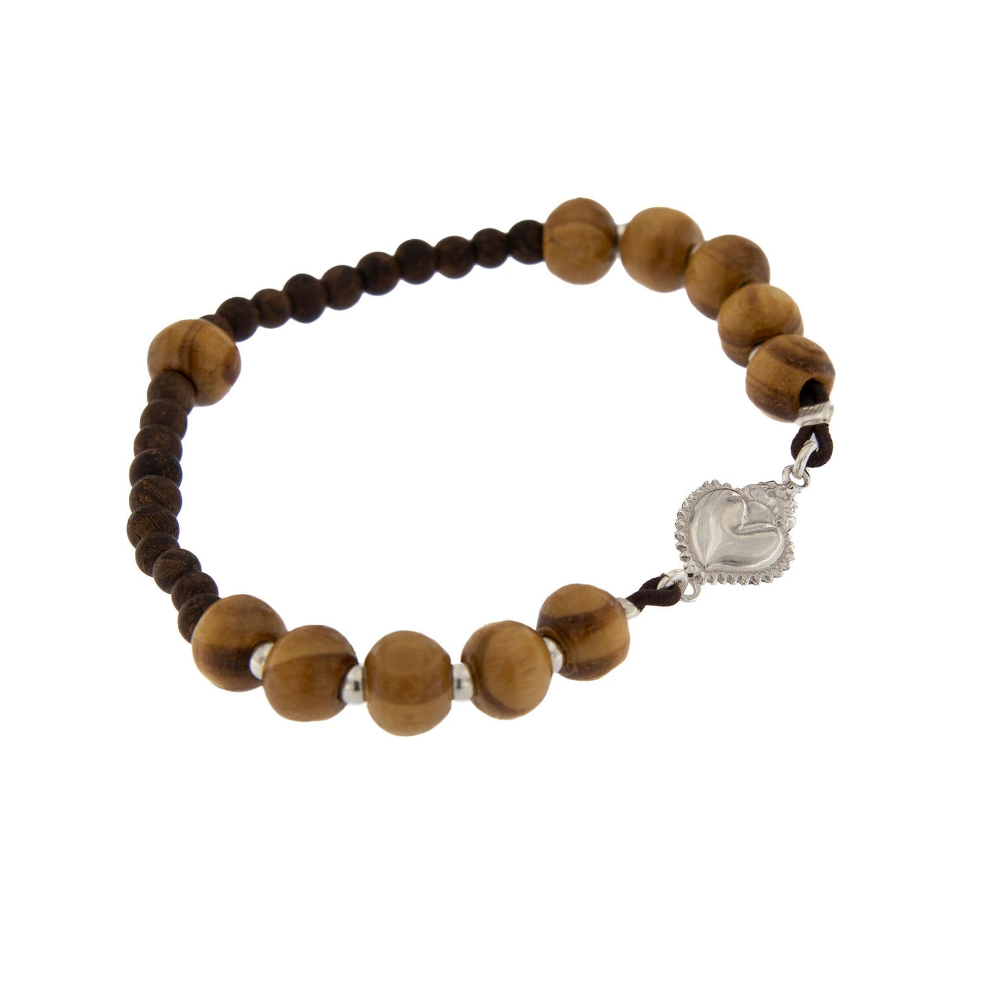 Bracciale elastico con grani in legno e Cuore Votivo in argento 925