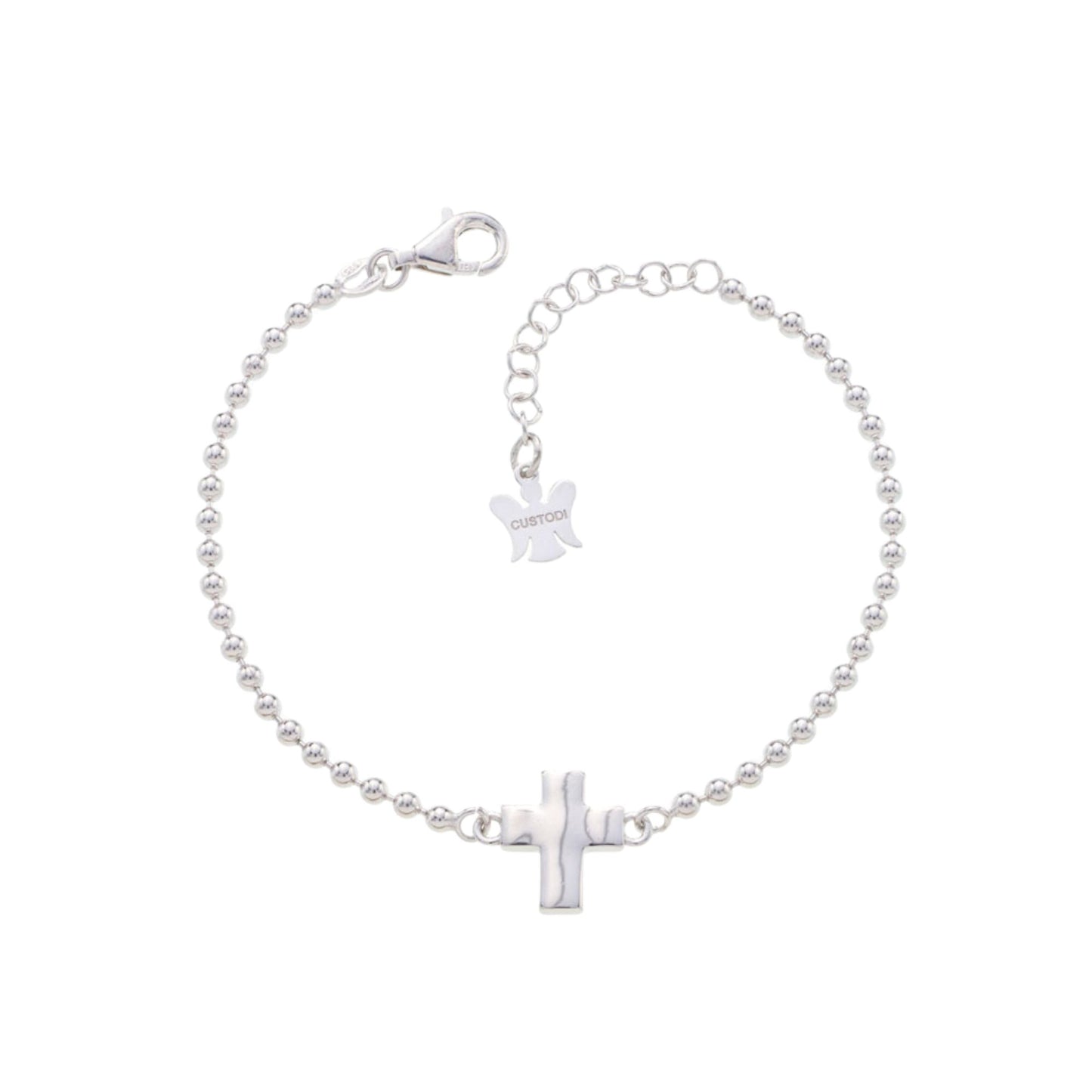 Bracciale mini sfere con Croce in argento 925 rodiato. Lunghezza 17+3 cm