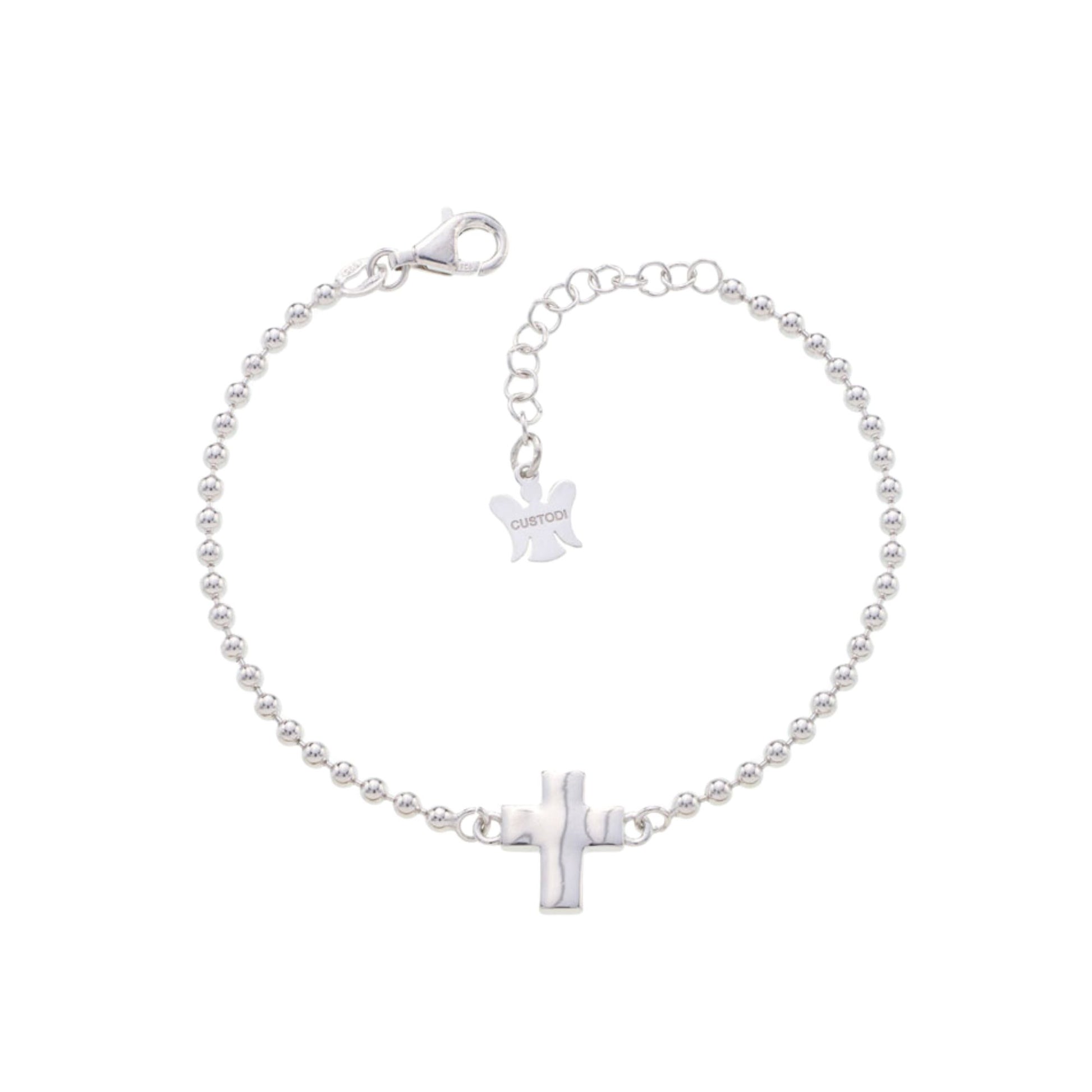 Bracciale mini sfere con Croce in argento 925 rodiato. Lunghezza 17+3 cm
