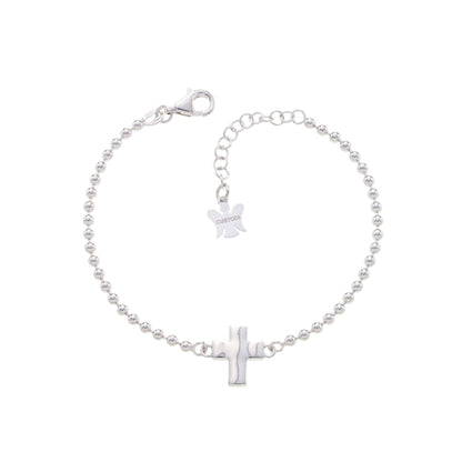Bracciale mini sfere con Croce in argento 925 rodiato. Lunghezza 17+3 cm