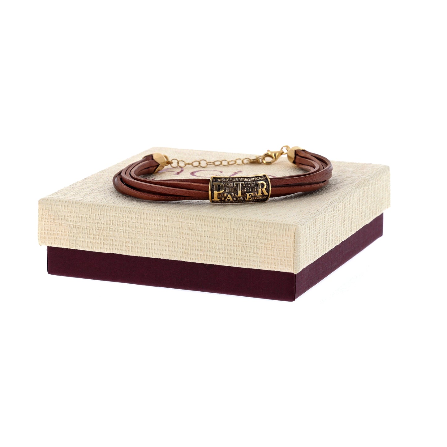 Bracciale Pater, pelle marrone, Pater in argento dorato