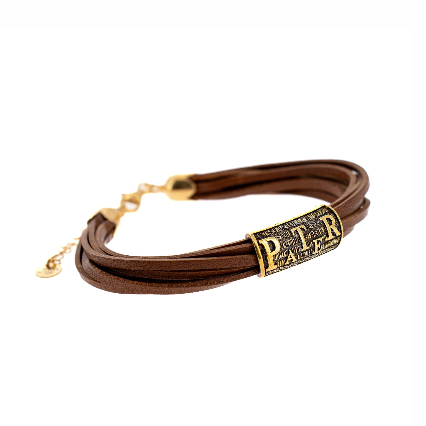 Bracciale Pater, pelle marrone, Pater in argento dorato