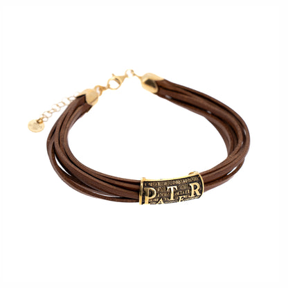 Bracciale Pater, pelle marrone, Pater in argento dorato