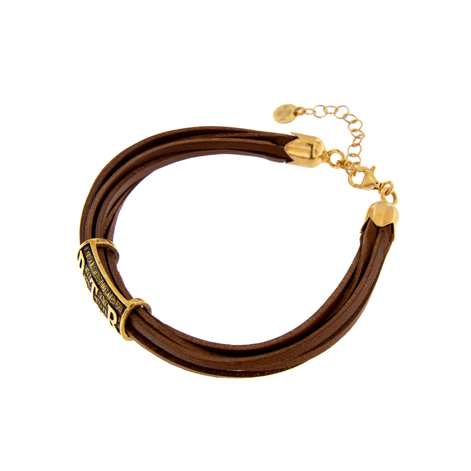 Bracciale Pater, pelle marrone, Pater in argento dorato