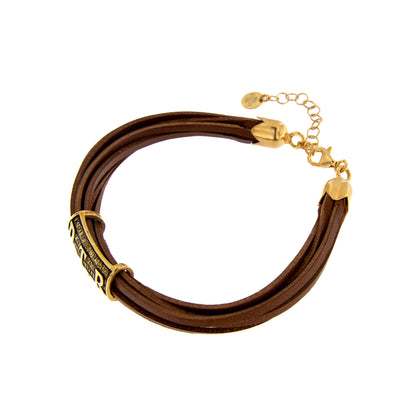 Bracciale Pater, pelle marrone, Pater in argento dorato