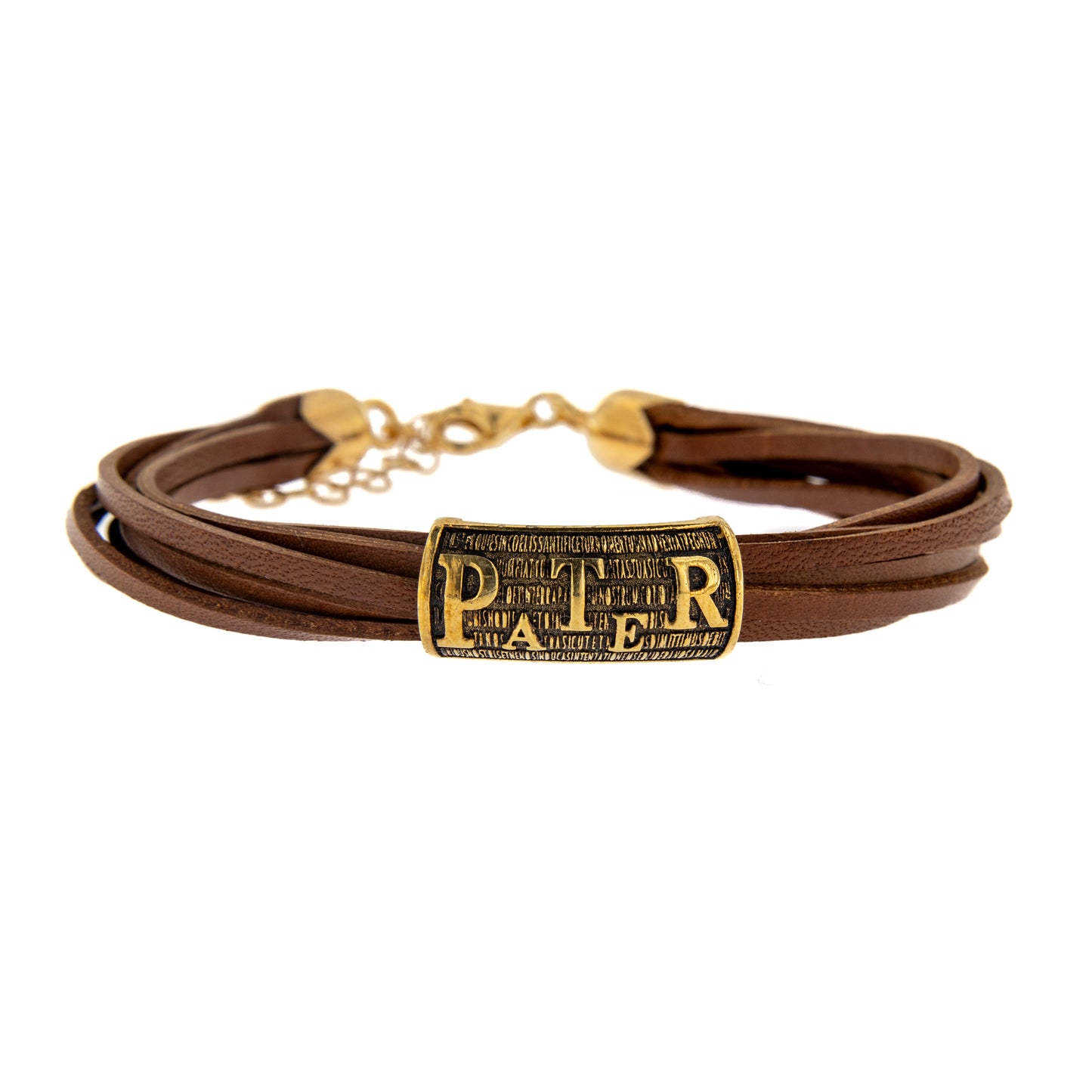 Bracciale Pater, pelle marrone, Pater in argento dorato