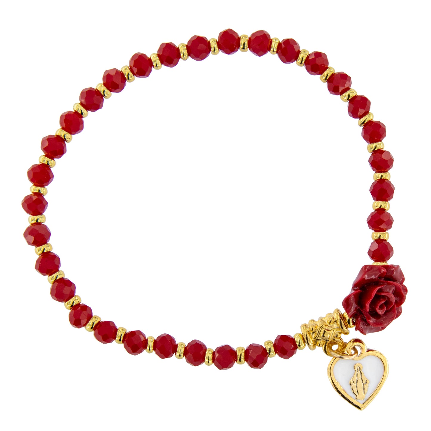 Bracciale devozionale dorato rosso con rosa e cuore Medaglia Miracolosa