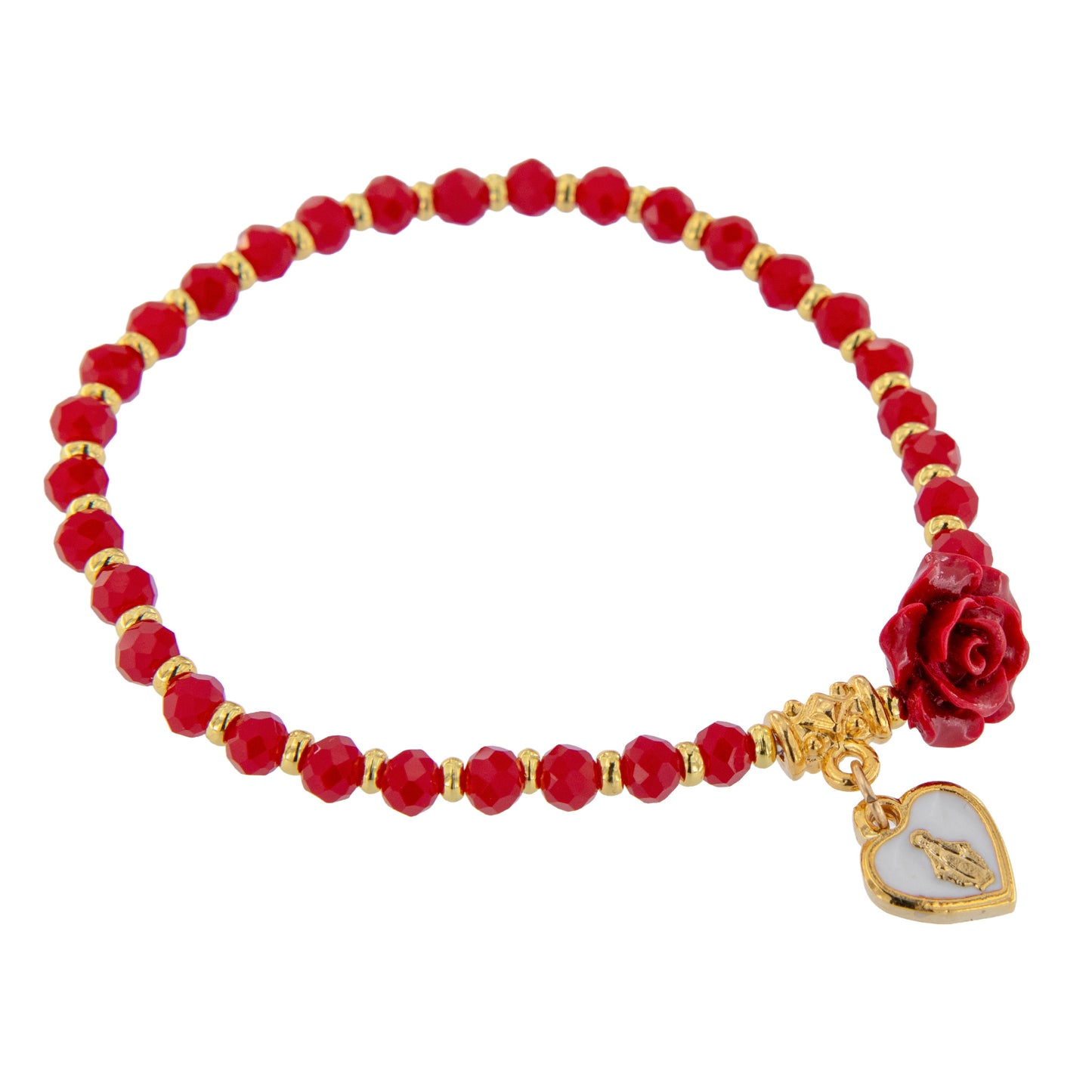 Bracciale devozionale dorato rosso con rosa e cuore Medaglia Miracolosa
