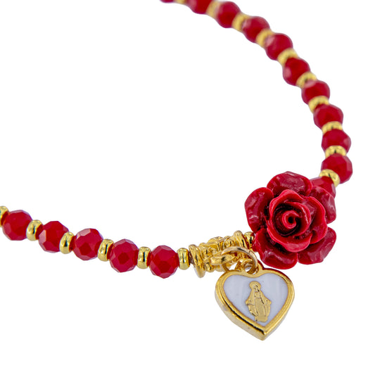 Bracciale devozionale dorato rosso con rosa e cuore Medaglia Miracolosa