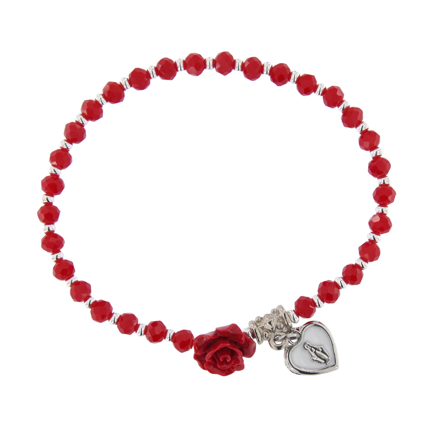 Bracciale devozionale rosso con rosa e cuore Medaglia Miracolosa